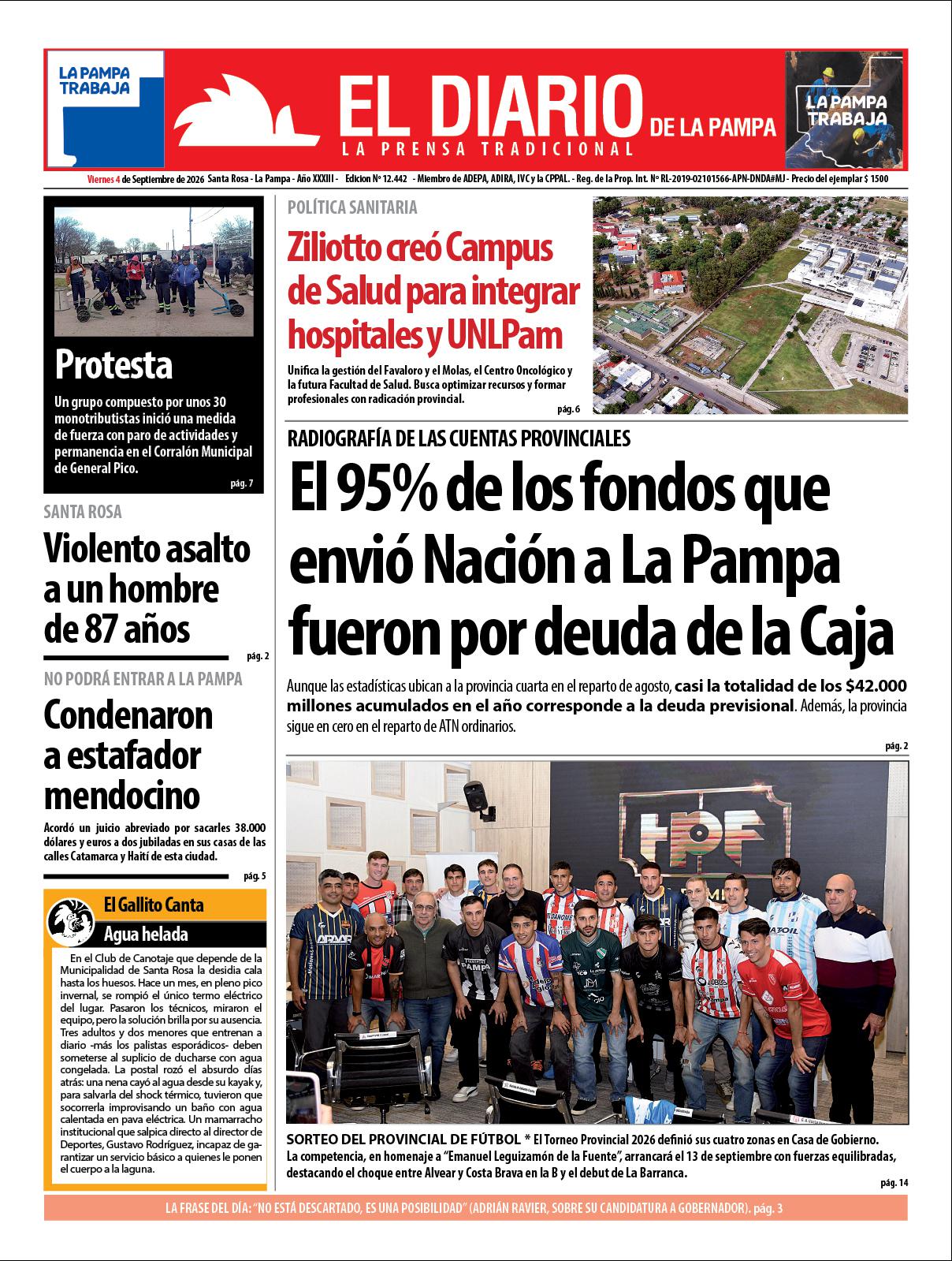 Tapa de El Diario en papel  viernes 04 de septiembre de 2026